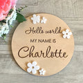 15x15cm square wooden baby name plaque with personalised birth details for nursery decor.