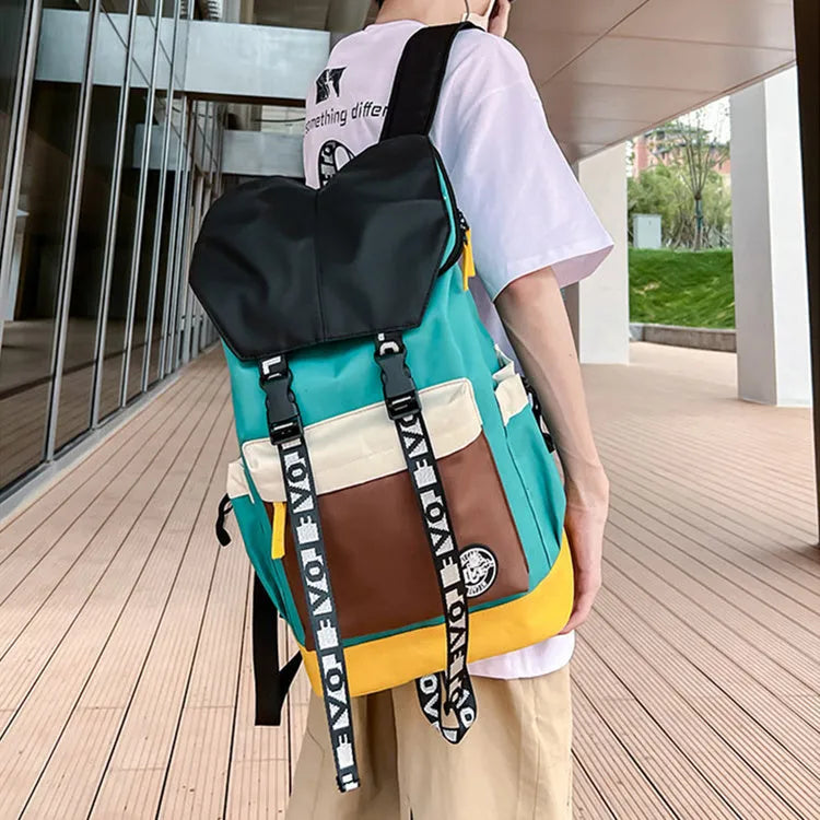 Oxford cloth student backpack showing three carrying methods in black, green and red colour options