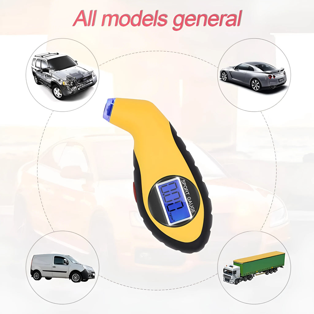 Digital tyre pressure gauge with 0.1psi display and compact ABS body in yellow colour