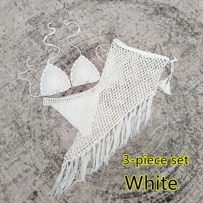 Women's 3-piece handmade crochet bikini beach skirt swimsuit set in solid colours