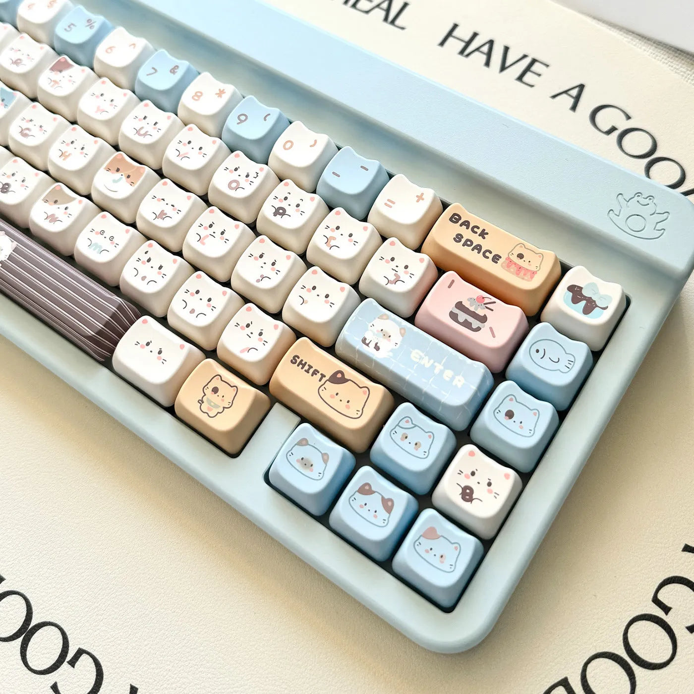Sea Salt Cat themed PBT keycap set for mechanical keyboards with 7u supplementary keys