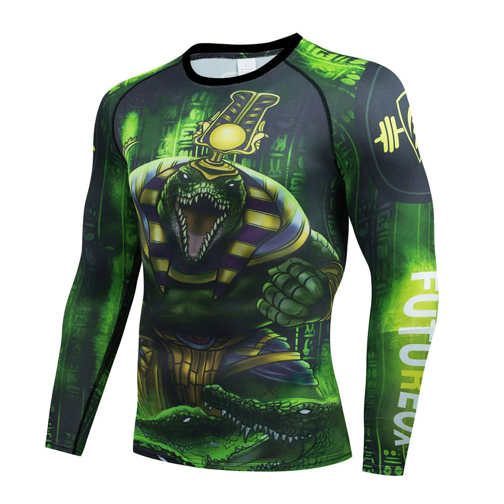 Grey printed men's slim-fit long sleeve sports top and matching trousers set for gym and running.