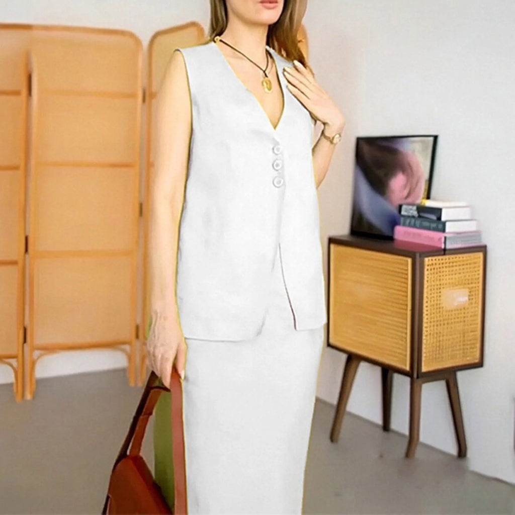 Women's casual two-piece suit with sleeveless vest and long skirt in polyester fabric