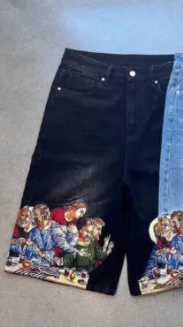 Men's blue cotton shorts with Jesus print on back pocket and tapered design