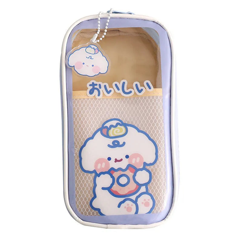 Transparent PVC pencil case with cartoon designs measuring 22cm length for school stationery organisation