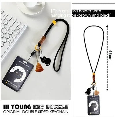 Cute little black cat cartoon design plastic card sleeve holder with a ferrule pendant clip