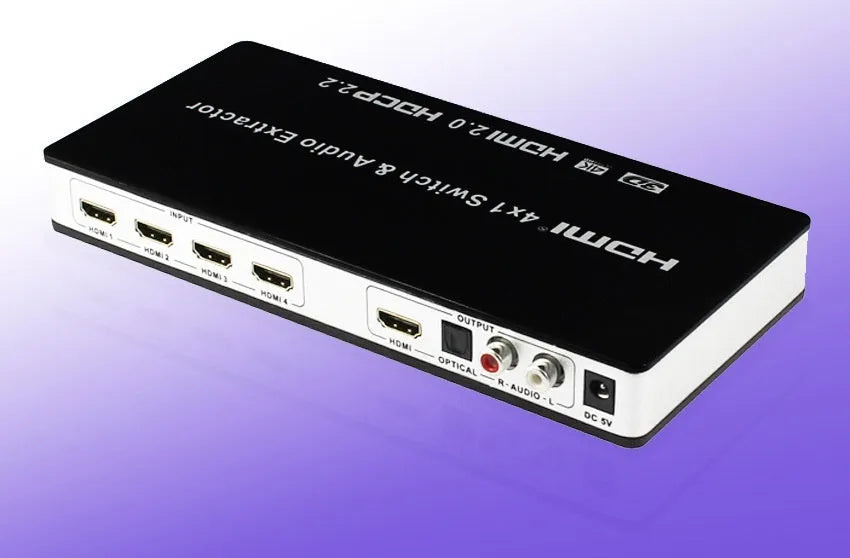 Black HDMI audio switch with remote control and 10-metre cable for 4-in-1 video switching