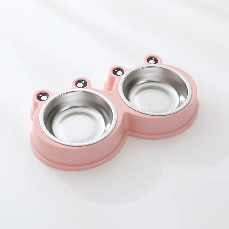 Blue double compartment pet feeding bowl with stainless steel frog-shaped water bowl attached.