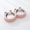 Blue double compartment pet feeding bowl with stainless steel frog-shaped water bowl attached.