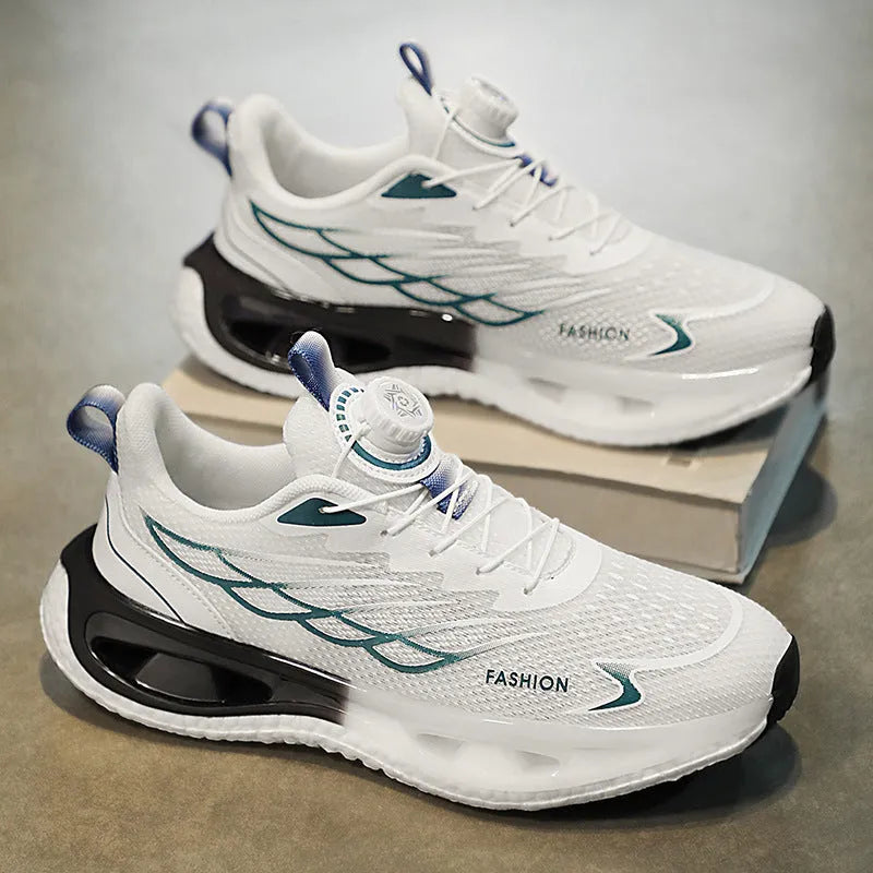 Youth low-top sneaker with shock absorption and rotating button in black, light blue, or white and blue colours