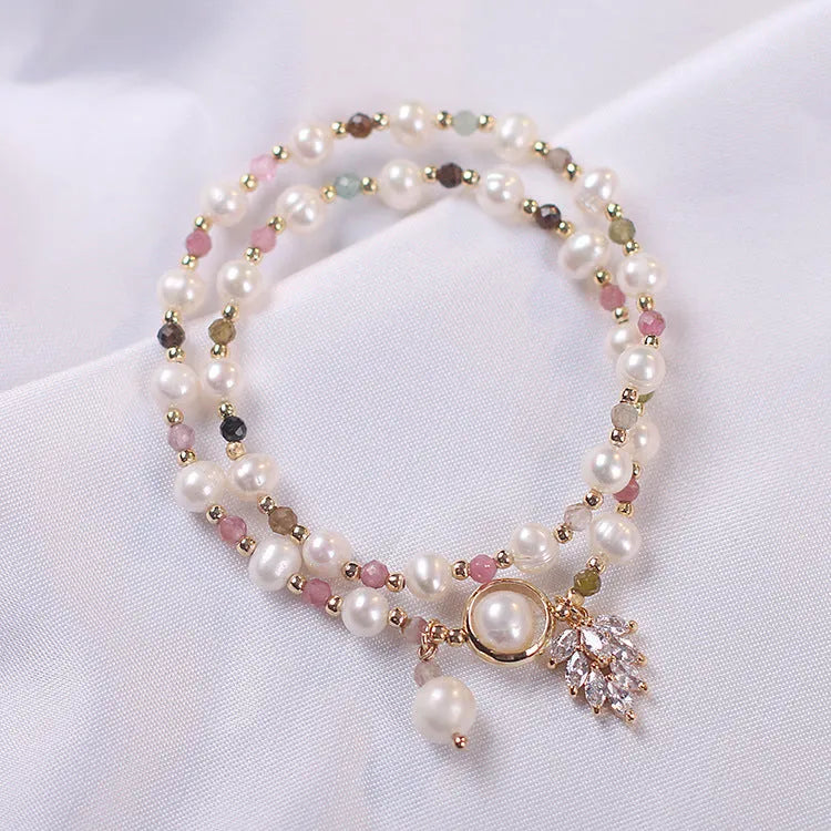 Strawberry quartz double layer bracelet with Lucky Cat charm in red cat's eye flowers colour