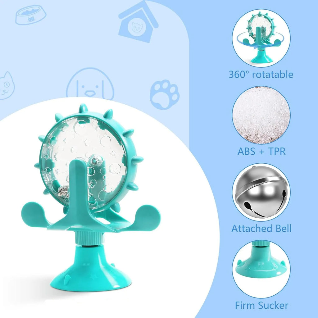 Interactive pet spinner toy with food dispenser holes and floor sucker base for cats and small medium dogs