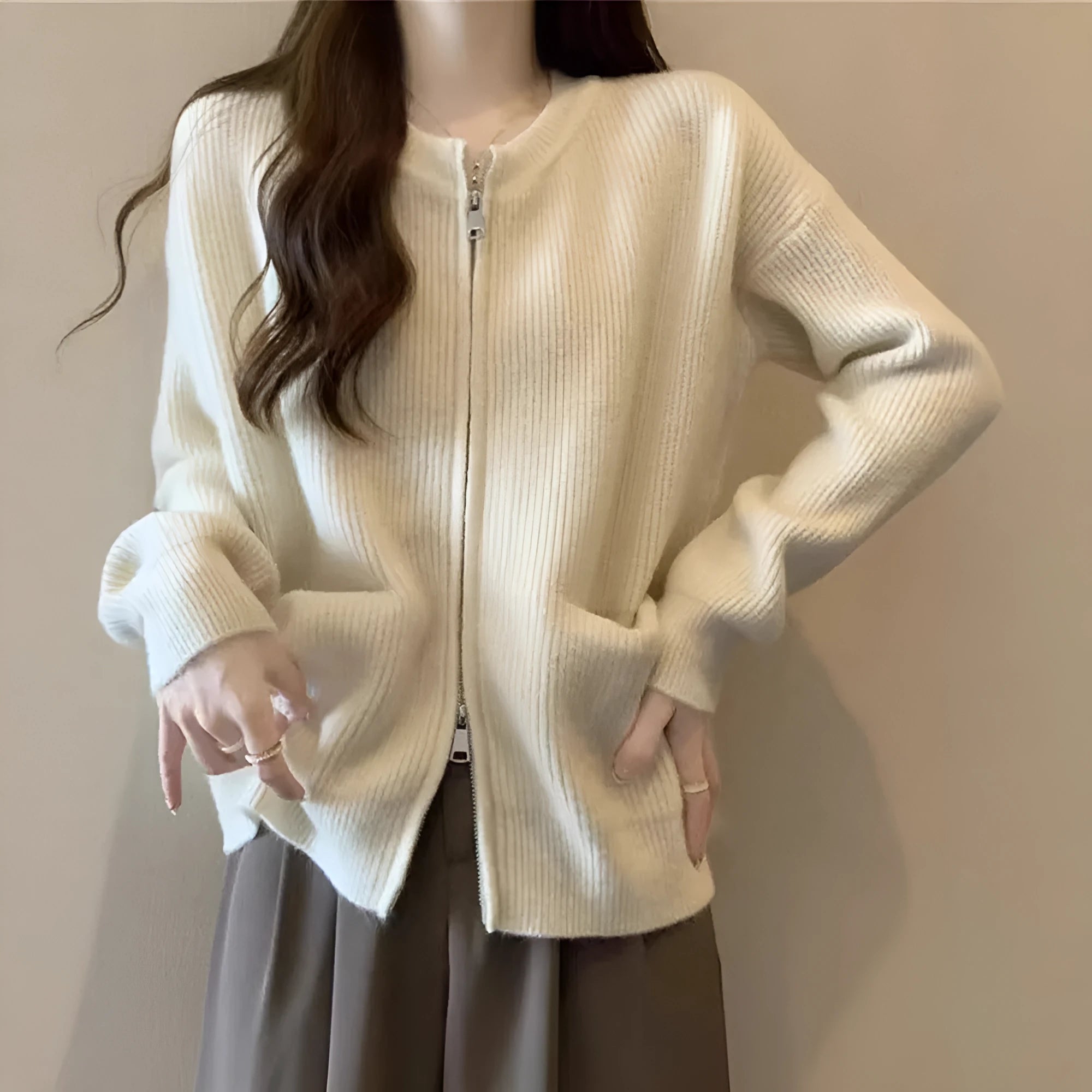 Soft wind sweater coat cardigan in viscose fibre fabric beige grey black khaki colours
