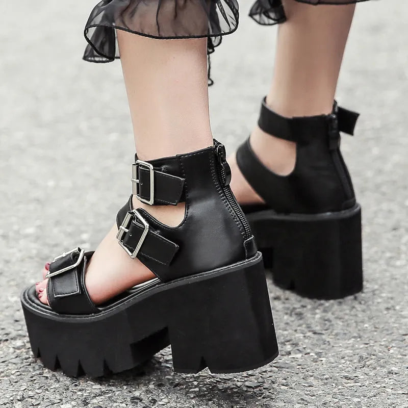 Punk Harajuku street women's sandals with chunky heel, round toe, and back zipper in black