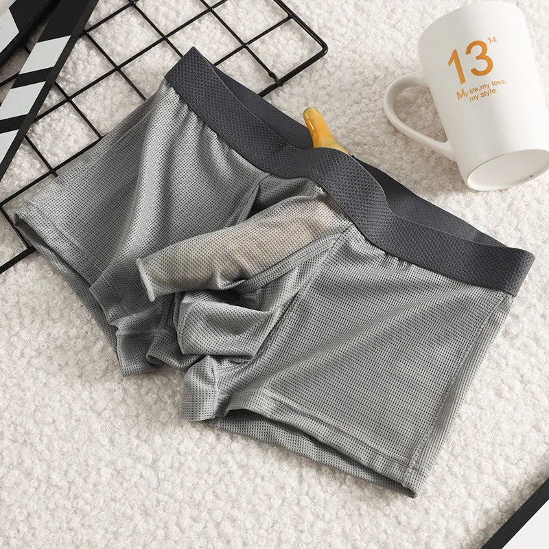 Men's Ice Silk mesh breathable boxer shorts in black, low waist nylon knit underwear