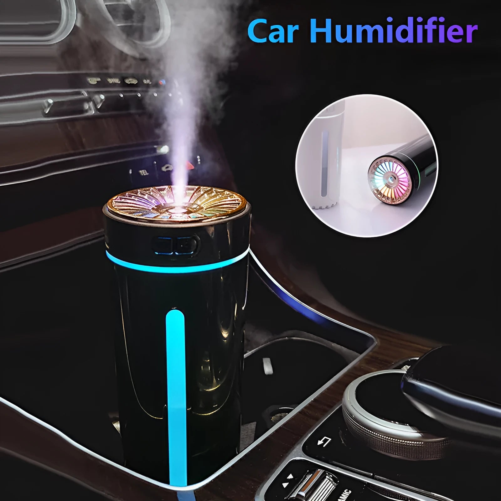 Black wireless ultrasonic humidifier with LED lights sitting in a car cup holder.