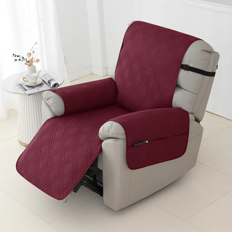 Quilted burgundy polyester spandex cover fitted on a Chivas massage chair sofa cushion.