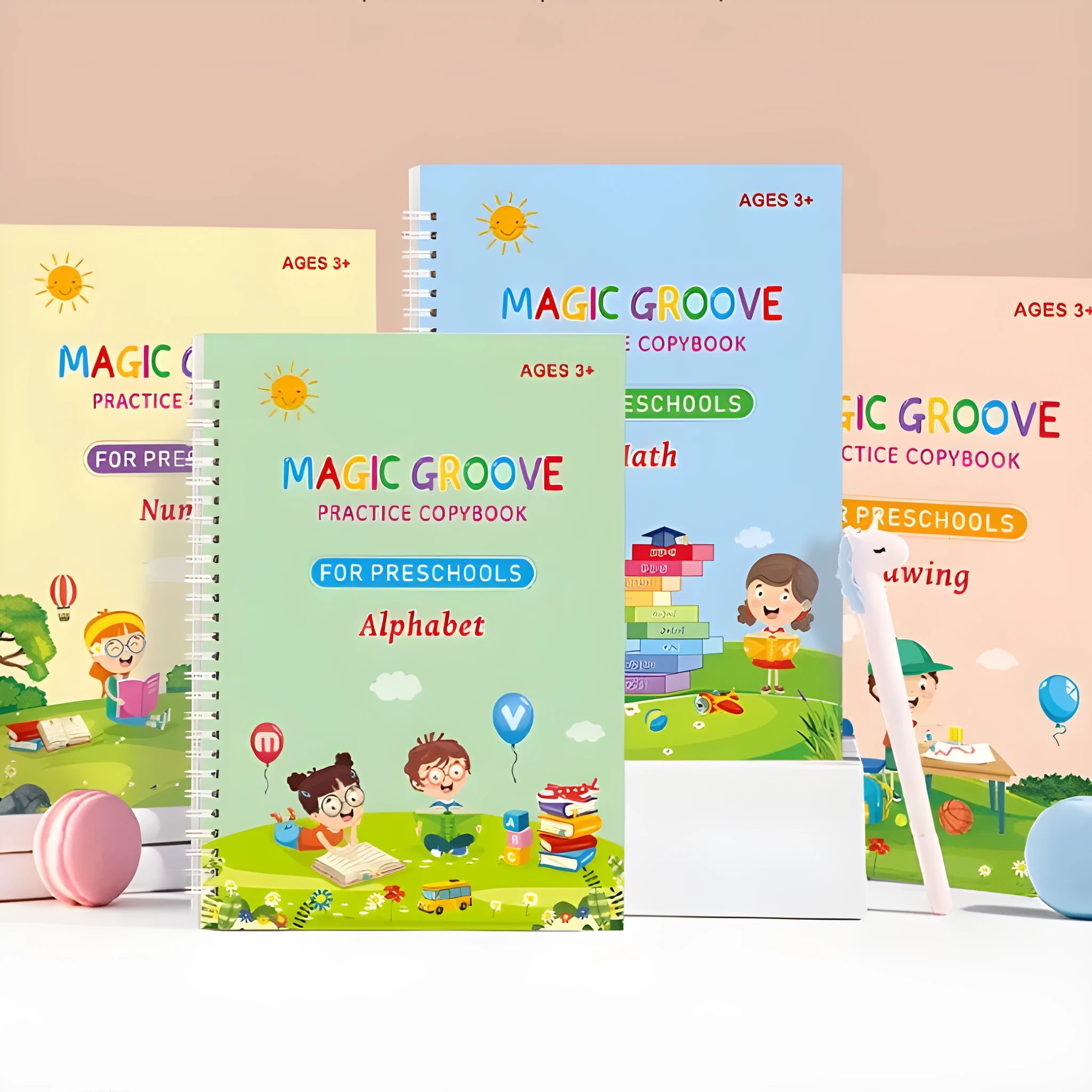 Children's groove magic practice book for English calligraphy with double-sided notched pages and ten pen refills
