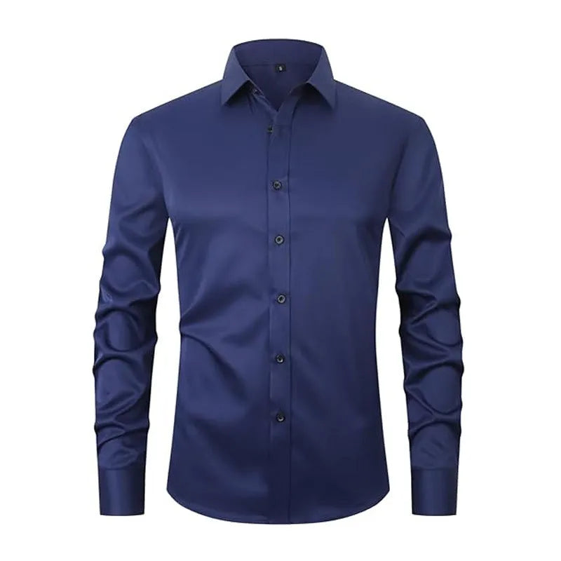 Men's stretch long sleeve work shirt in polyester on a hanger