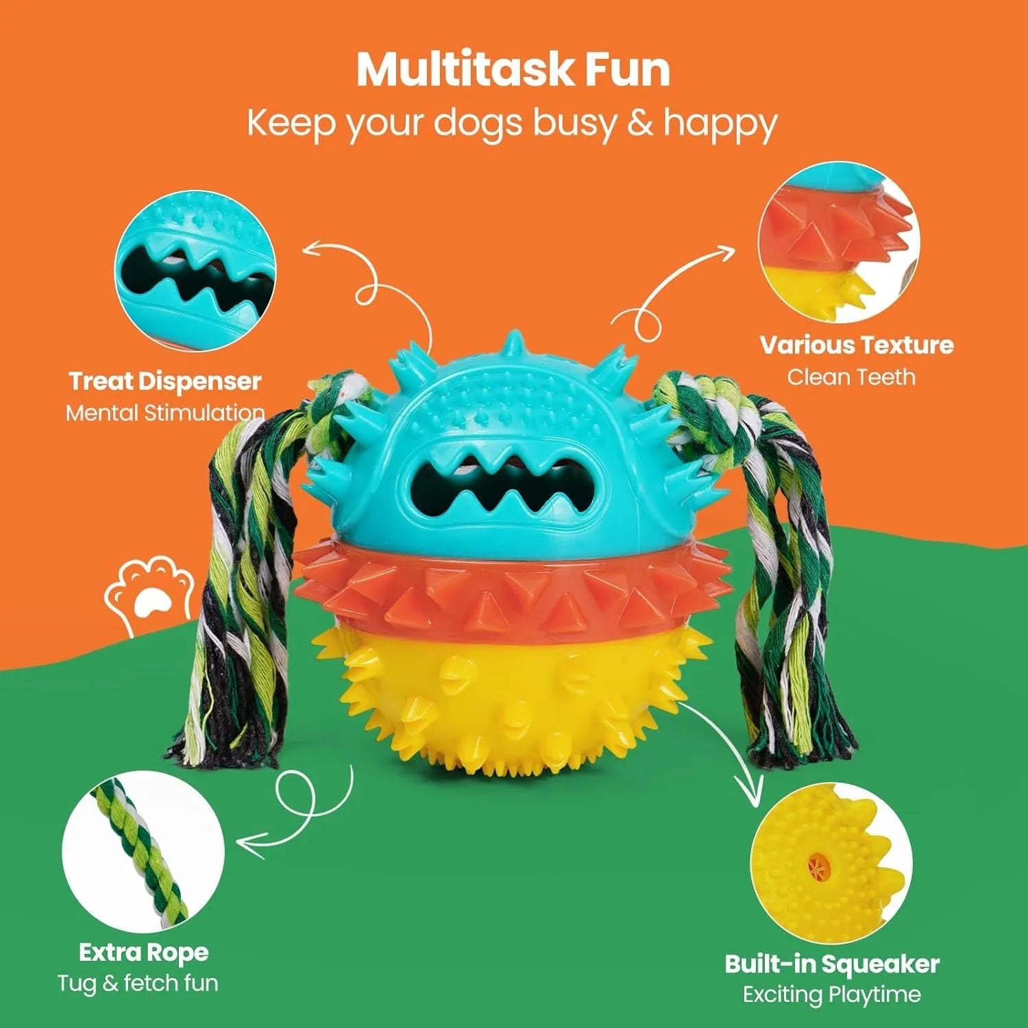 Blue and red squeaky dog toy with treat dispenser hole for aggressive chewers.