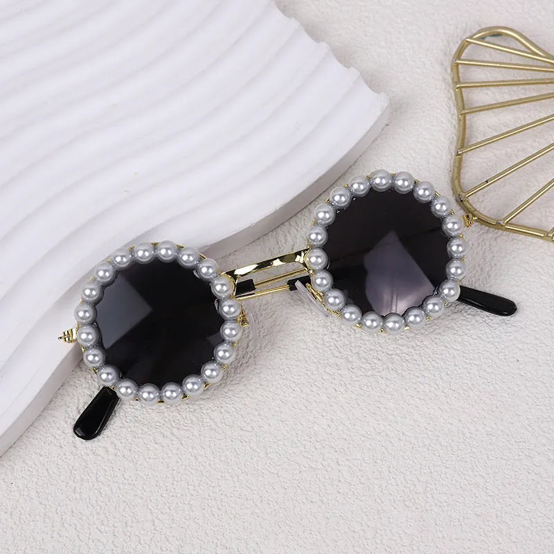 Cat and dog pearl-rimmed round sunglasses in multiple colours for pet party dress-up