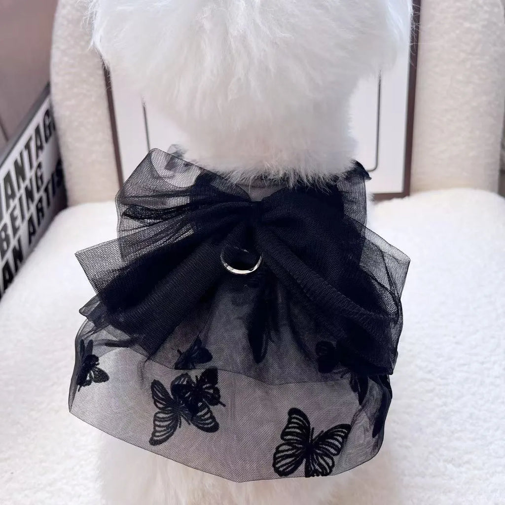 Black gauze princess tulle skirt for small dogs and cats with size chart showing XS to XL options