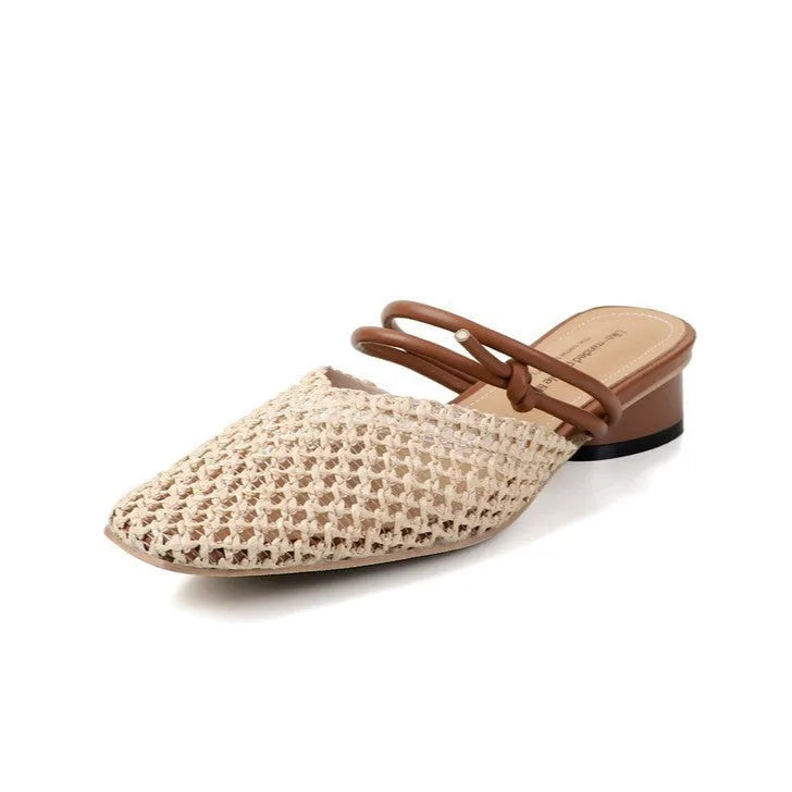 Women's square toe hollow breathable chunky heel slippers in beige artificial PU with rubber sole