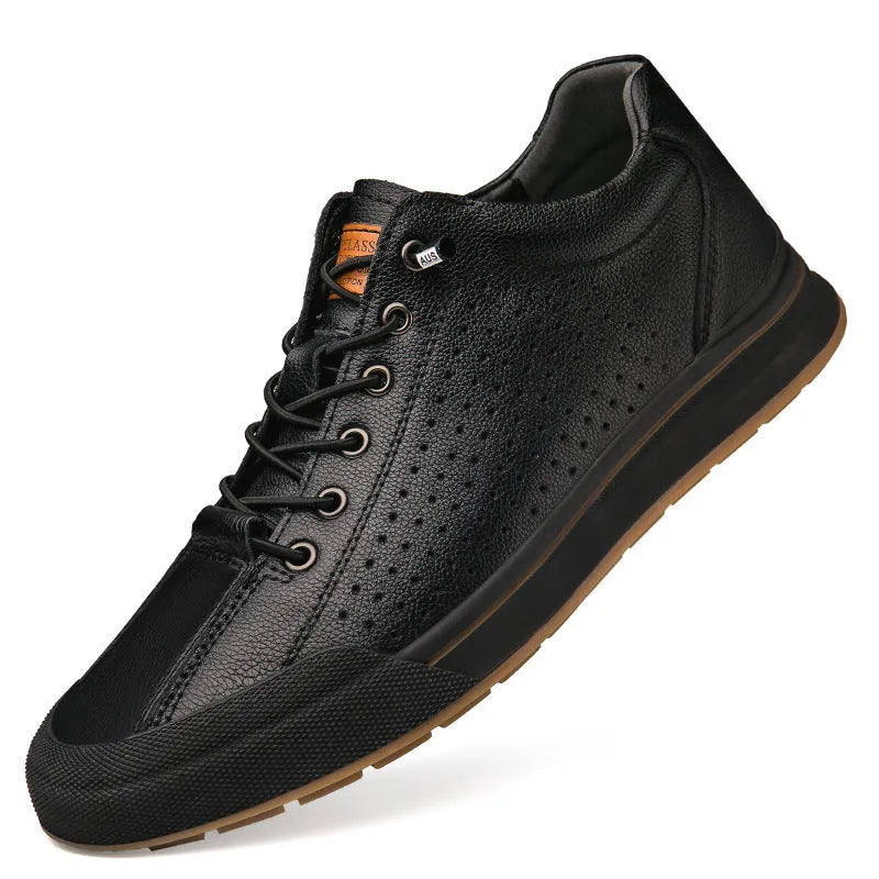 Men's white leather casual trainers with round toe and flat heel on size chart