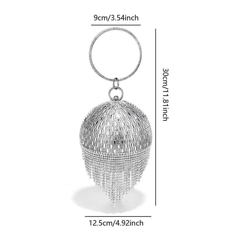 Shining rhinestone round tassel dinner bag in silver with polyester body and decorative tassel