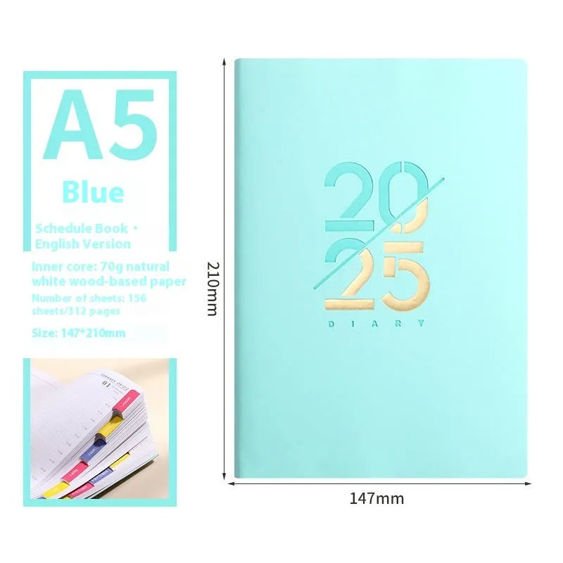 A5 2025 daily schedule book with faux leather cover in blue colour, open to show lined pages and thread binding.