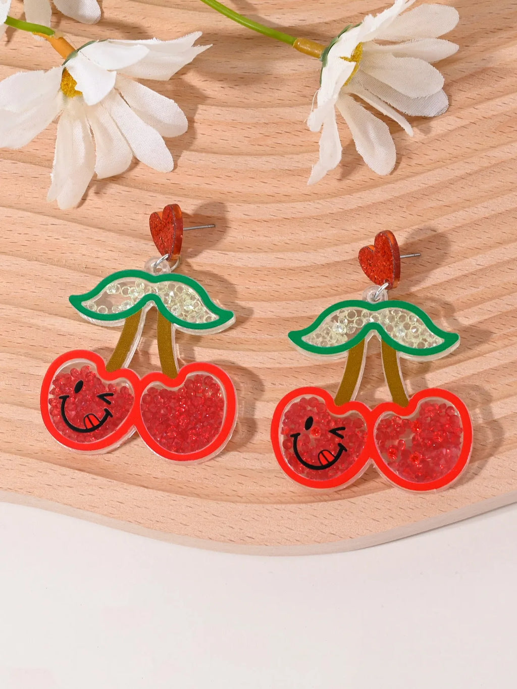 Acrylic fruit-shaped drop earrings in cherry motif, pastoral style for women