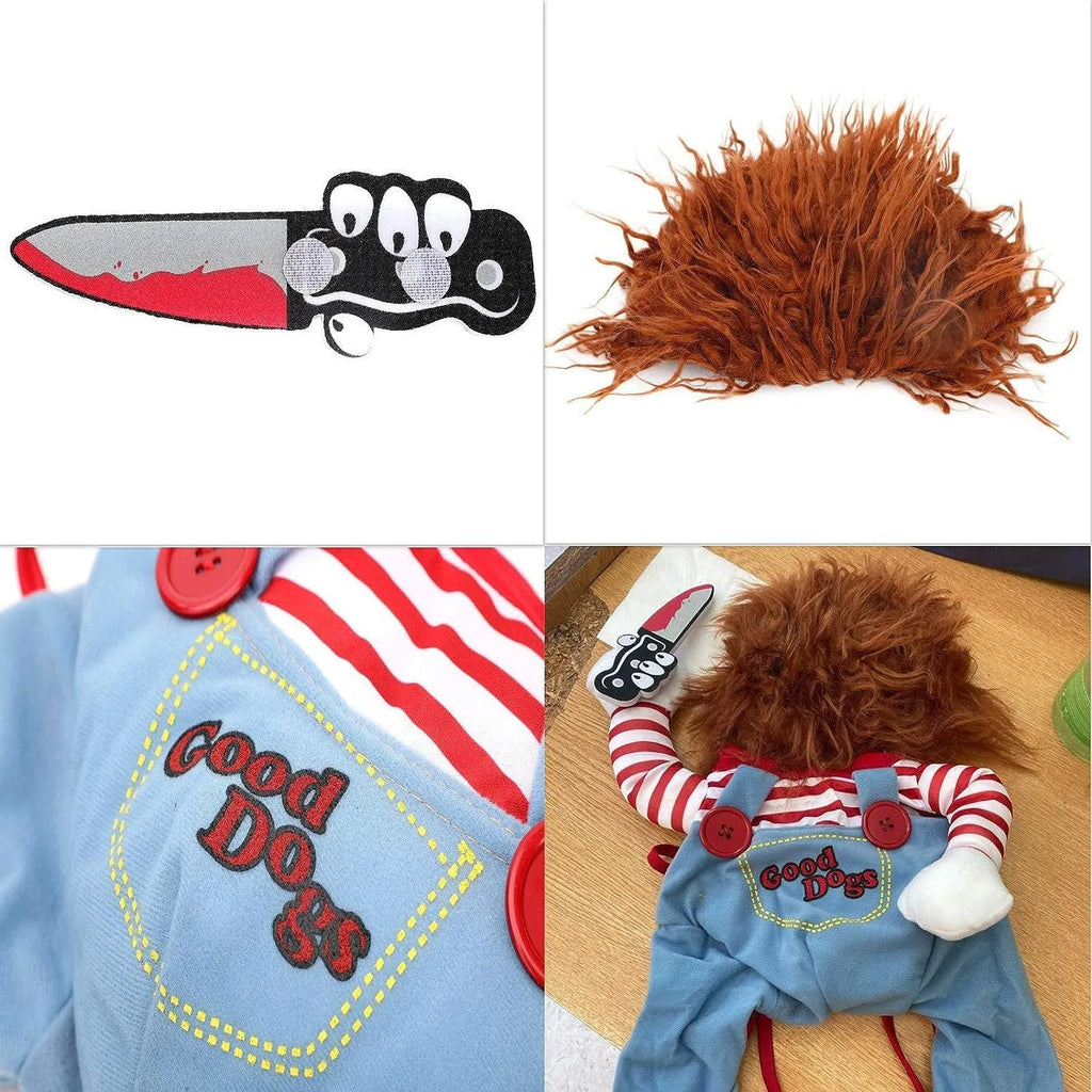 Halloween pet costume set with striped harness pants and knife accessory for dogs and cats