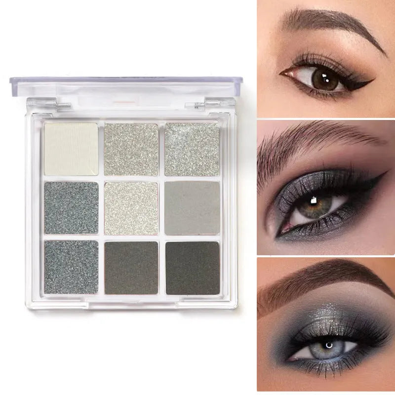 Nine-colour smoked eye shadow palette showing pressed powder shades including white, silver, black, and grey.