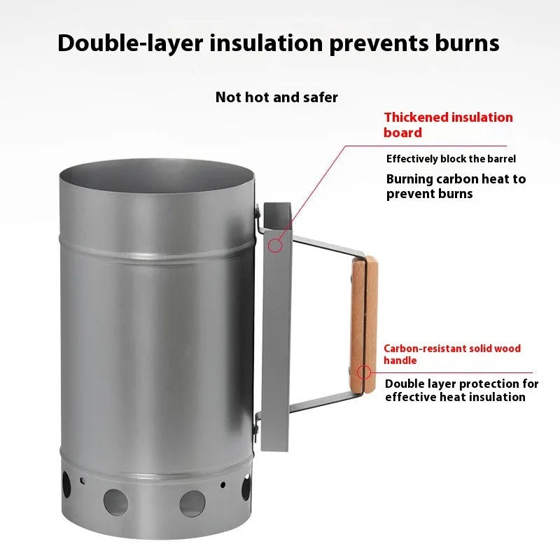 Zinc-iron alloy outdoor charcoal fire starter igniter with pointed carbon barrel.