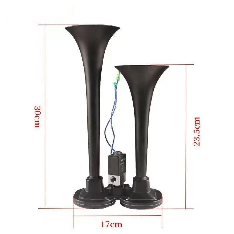 Black dual trumpet super loud 300dB air horn for 12V and 24V vehicles