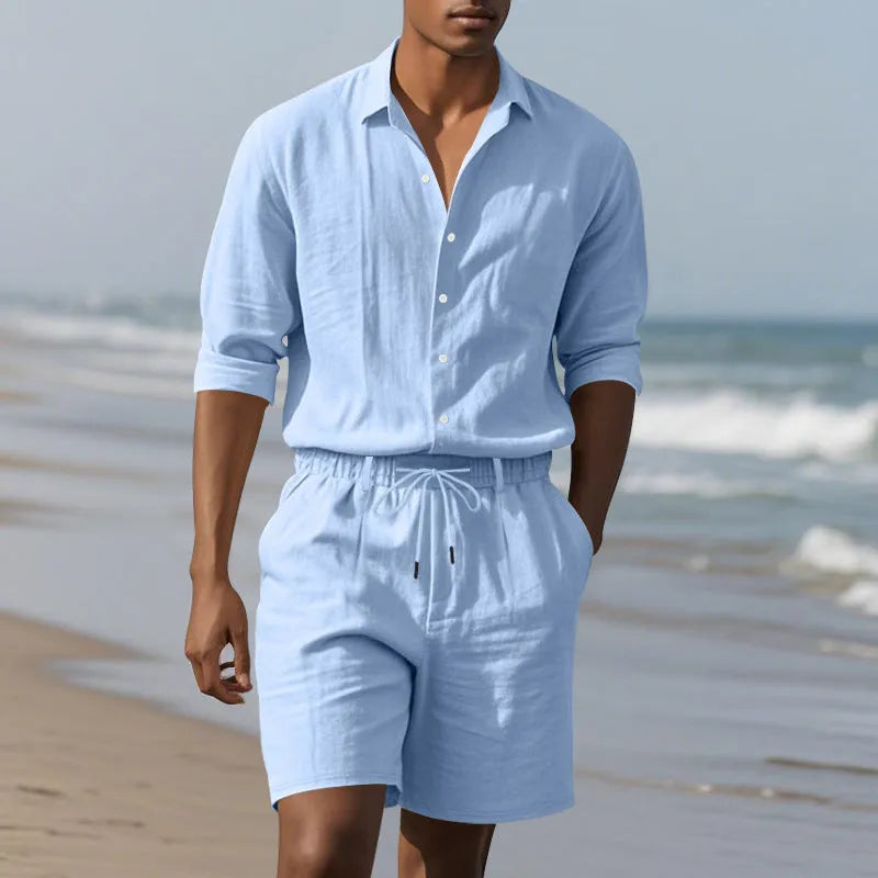 Women's linen long sleeve shirt and shorts beach suit in khaki, front view on model