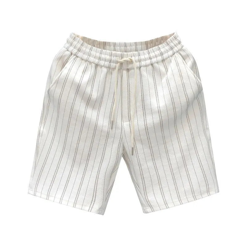 Men's black and white striped fleece-lined shorts with elastic waistband