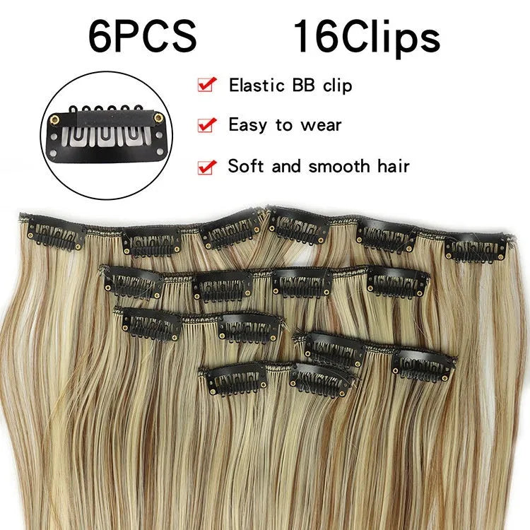 Long straight high temperature fibre wig extensions 6-piece set 60cm length colour 1B