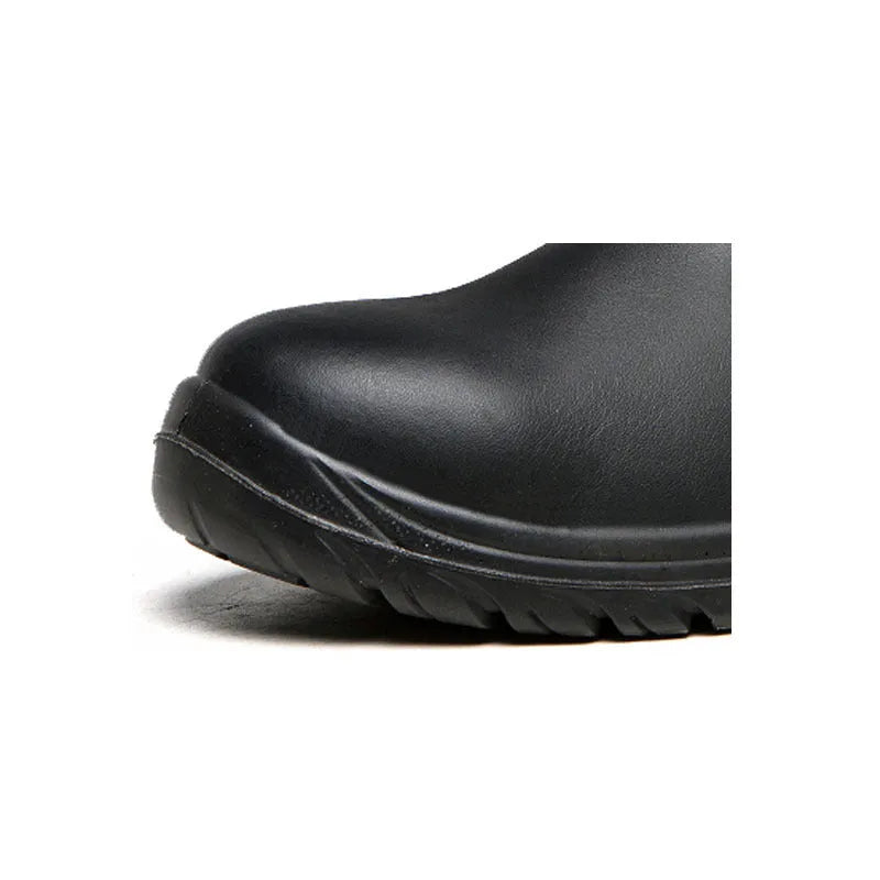 Black leather high-top safety work boots with steel toecap for anti-piercing protection.