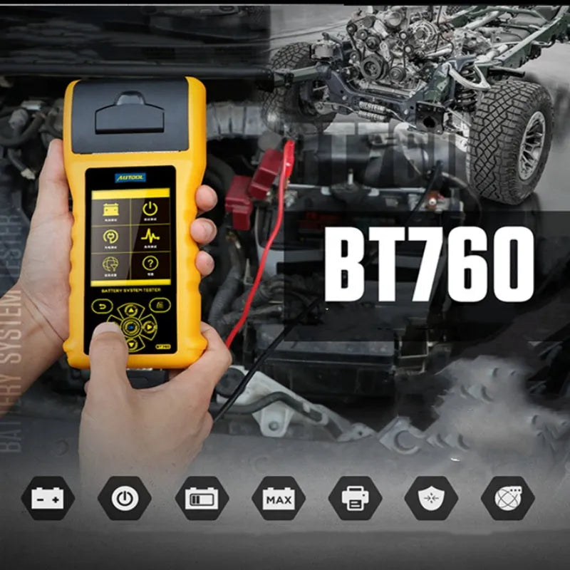 Autool BT760 colour screen vehicle battery tester with connection clips and printed diagnostic receipt