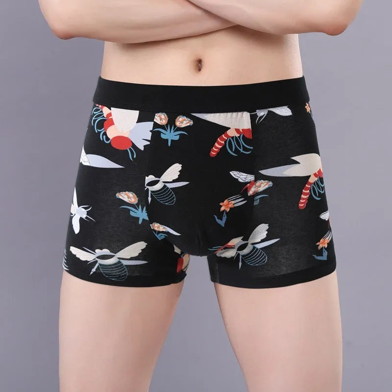 Purified cotton men's boxer shorts in a floral pattern, showing mid-waist fit and U-shaped design.