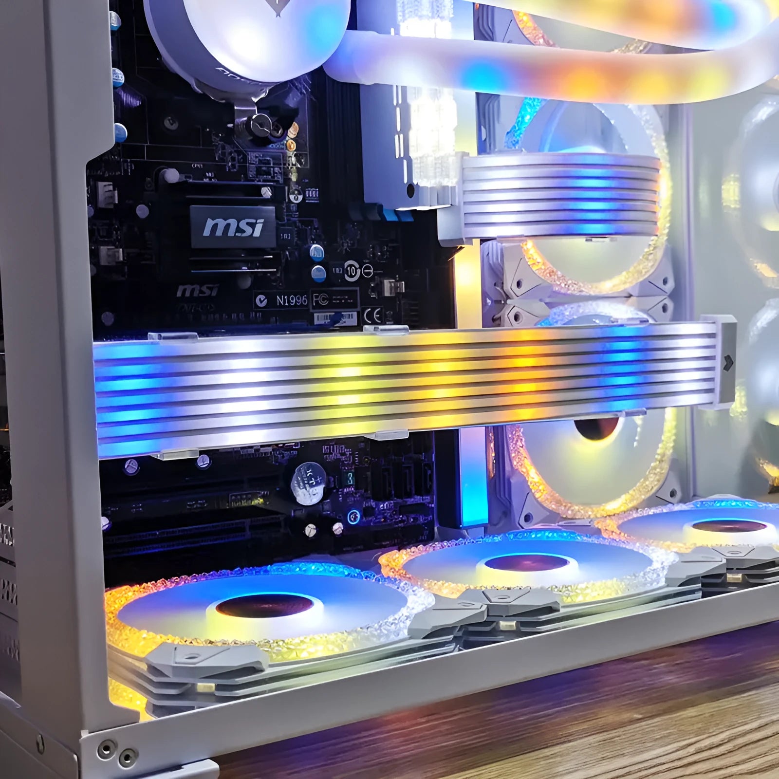 White ABS computer case neon light bar with 44 LED beads, 300mm length, multi-angle adjustment, and cable ties