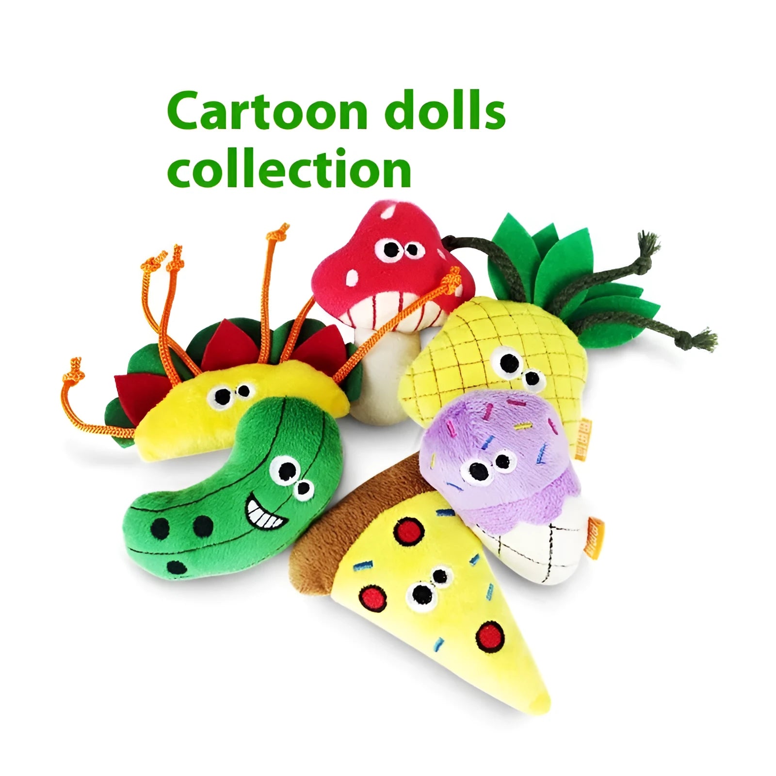 Polygonum multiflorum catnip plush chew toy in pineapple, pizza, burrito, cone, cucumber, and mushroom shapes.