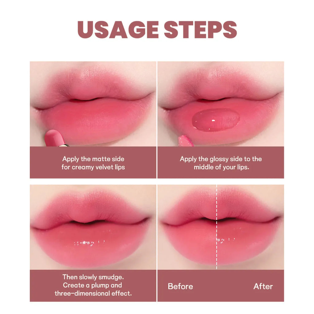 Double-headed lipstick showing matte colour and gloss ends with 10 colour options
