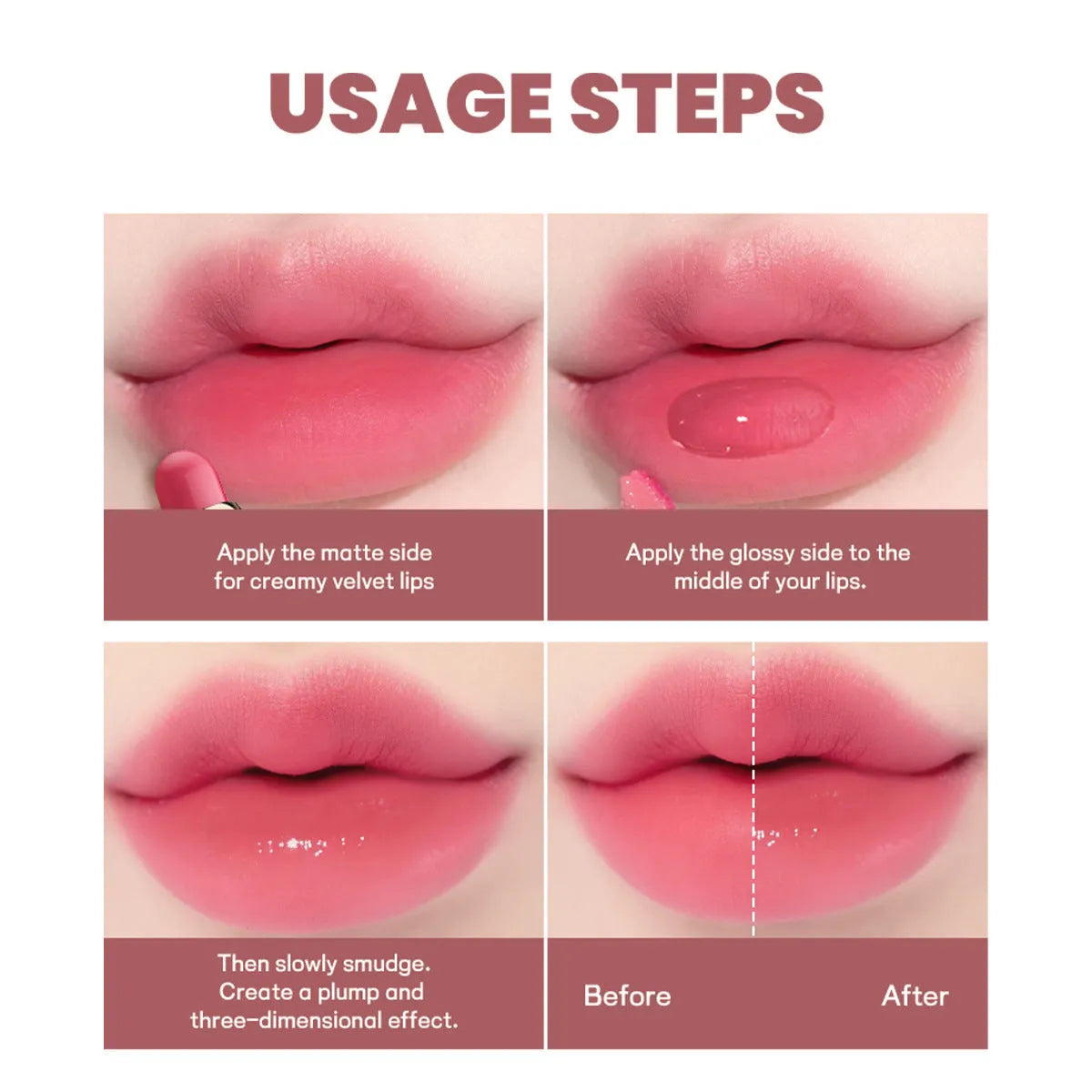Double-headed lipstick showing matte colour and gloss ends with 10 colour options