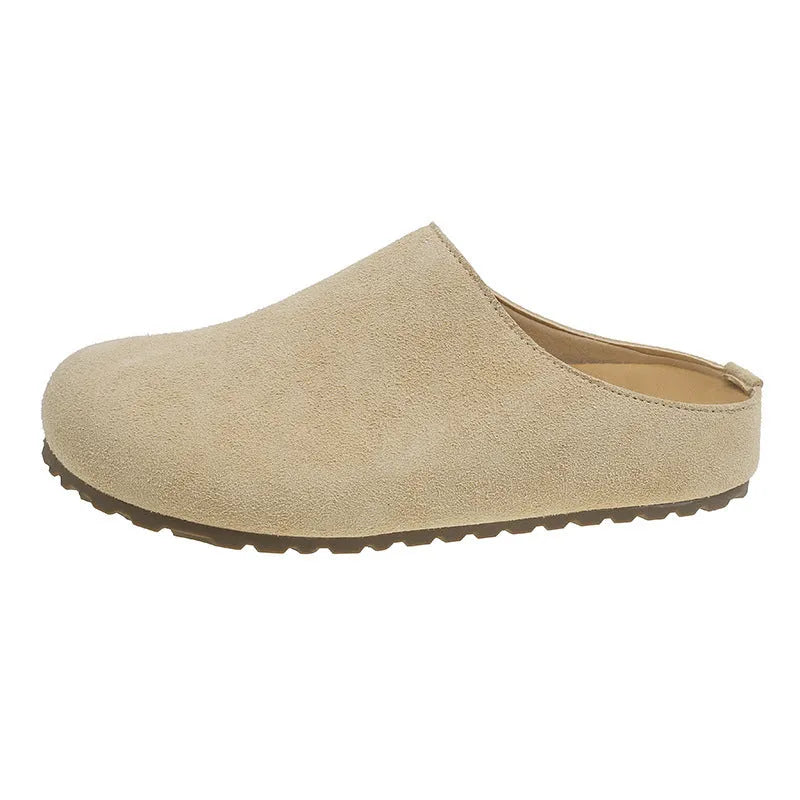 Korean style microfiber slip-on slippers with square toe in apricot colour