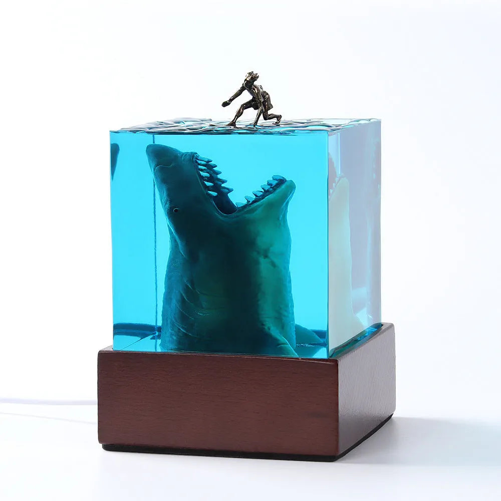 Ocean Shark Surfer micro landscape night light ornament, epoxy resin, 5cm or 8cm with lamp holder
