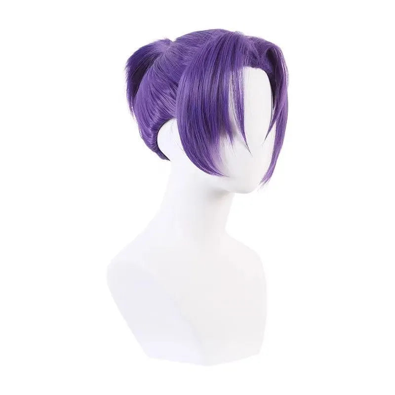 Purple short straight high temperature fibre cosplay wig on a mannequin head