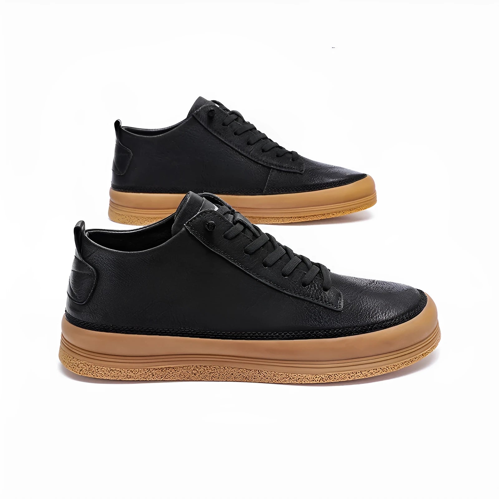 Men's black leather casual shoes with round toe, flat heel, and white laces on a rubber sole.