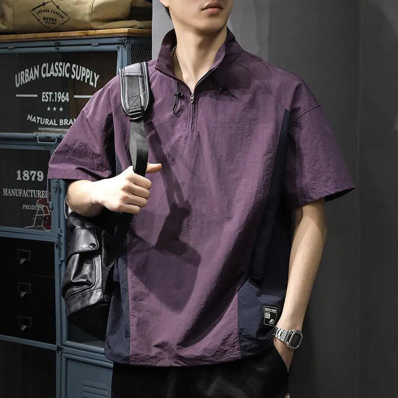 Men's brown half-zip stand collar business shirt with short sleeves and loose fit